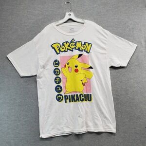 Pokemon Men Shirt Large White Logo Pikachu Anime‎ Graphic Short Sleeve Crew